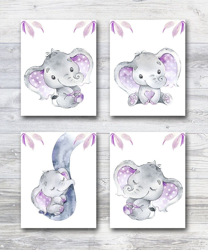 Gray Purple Elephant Art Print Elephant Wall Decor Canvas Etsy