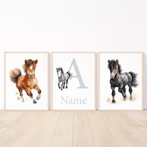 Baby Horse Nursery Wall Prints Personalized art Name Decor girl boy Kids bedroom neutral posters set of 3 Printable Digital pictures