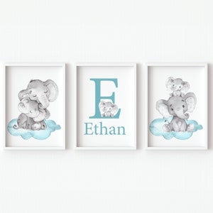 Decorazione murale personalizzata con elefante neutro per la cameretta del bambino, nome personalizzato, arte per la cameretta del bambino, stampa iniziale, set di 3 per bambini, galleria, regalo per bambini, verde acqua