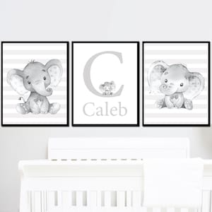 Nome personalizzato per neonato, stampe iniziali neutre per la cameretta dei bambini, decorazioni murali personalizzate con elefanti, set di 3 tele per la cameretta dei bambini