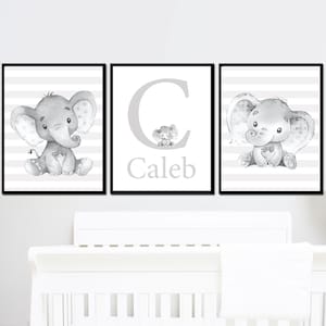 Custom Baby Boy Name Art Neutral Nursery Initial Prints Personalized Elephant Wall Decor Children set of 3 Canvas for kids room