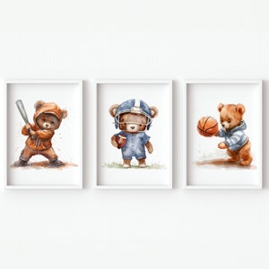 Sport Nursery Teddy Bear Theme Baby Boy Playroom Wall Art Set di 3 Stampa immagine digitale bambino calcio baseball pallone da calcio poster su tela
