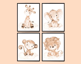 Baby Boy Nursery Wall Decor Neutral Art Print Jungle Animals Safari Room Kids set of 4 Gender canvas Printable beige