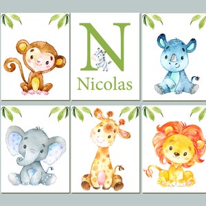 Stampe artistiche da parete con iniziali, decorazioni per la cameretta dei bambini, animali della giungla, nome personalizzato per bambini, set di 6 acquerelli