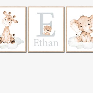 Custom Baby Name Neutral Nursery Art Initial Prints Personalized Elephant Wall Decor Boy Children girl set of 3 for Kids beige gray digital image 4