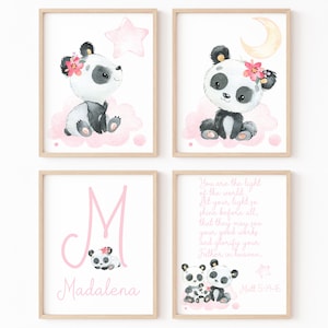 Nome personalizzato per bambino, stampa panda personalizzata, poster artistico per cameretta dei bambini, set di 4 decorazioni da parete per camera da letto, versetti della Bibbia per bambini, Matteo 5:14-16