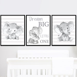 Neutral Baby Nursery Art Print Child Quote Wall Decor Elephant Picture set of 3 Room Dream Big Little One Digital Printable grey Gender