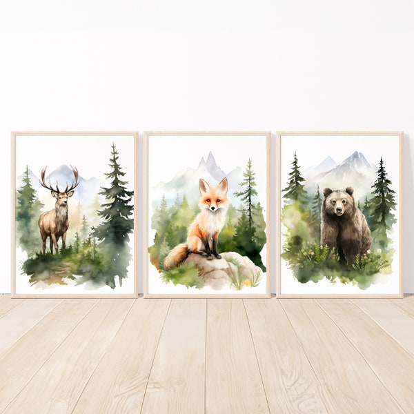 Woodland Nursery Prints niños Forest Animals Wall art Decor Baby Room conjunto de 3 niños zorro ciervo oso lienzo de acuarela imprimible digital