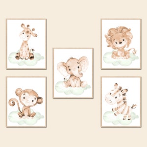 Safari Animals Wall Art Neutro Bambino Ragazzo Ragazza Nursery Decor Camera da letto Poster stampabile Bambini set di 5 elefante leone scimmia giraffa zebra