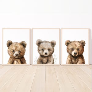Arte imprimible de oso de peluche marrón, decoración de pared para guardería de bebé niño neutro, juego de 3 pósteres digitales para dormitorio infantil de niña, imagen boho