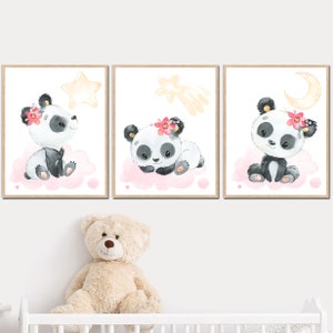Poster per camera da letto Stampa Panda Arte Bambina Asilo Decorazione da parete per bambini Set di 3 Bambini Camera da letto Luna Stella Tela Adesivo Regalo digitale Immagine