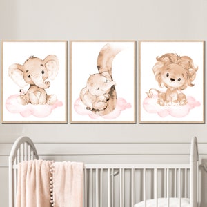 Décoration murale neutre pour chambre de bébé fille, art pour enfants, zoo pour enfants, pépinière, affiche imprimable animaux, beige pastel, lot de 3 images, rose numérique