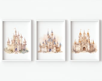 Prinzessin Schloss neutral druckbare Wand Kunst Dekor Märchen digitale Baby Mädchen Kinderzimmer Geschenk Schlafzimmer Kleinkind Themen-Set von 3 Aquarellbilder