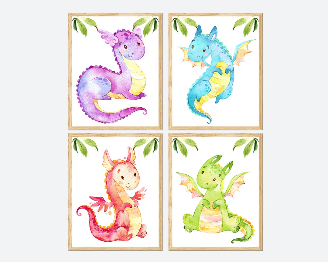 Baby Boy Nursery Decoration Dragon Print Wall Art Set of 4 Pictures ...