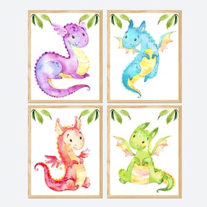 Decorazione per la cameretta del bambino, set di 4 stampe di draghi, decorazione da parete per la camera dei bambini, tema digitale stampabile, blu, rosso, verde, bambino piccolo