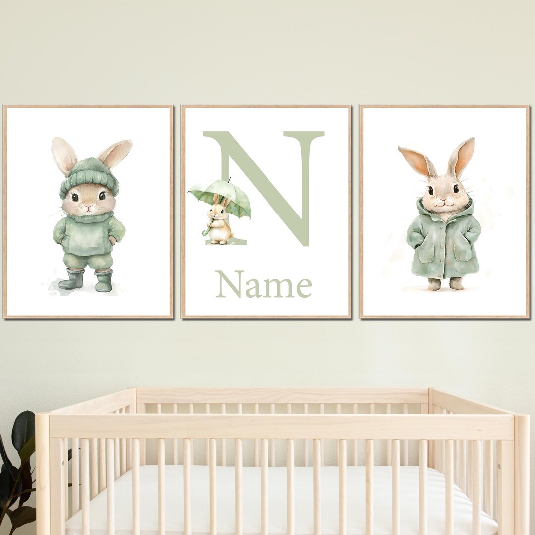 Custom Bunny Nursery Wall Art Print Personalised Name Rabbit Girl Boy ...