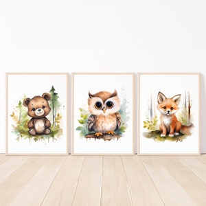 Stampe per bambini in stile Woodland Nursery, set di 3 stampe artistiche con animali della foresta, decorazioni da parete per la stanza dei bambini, volpe, gufo, orso, stampabili in digitale, acquerello, boho, tela