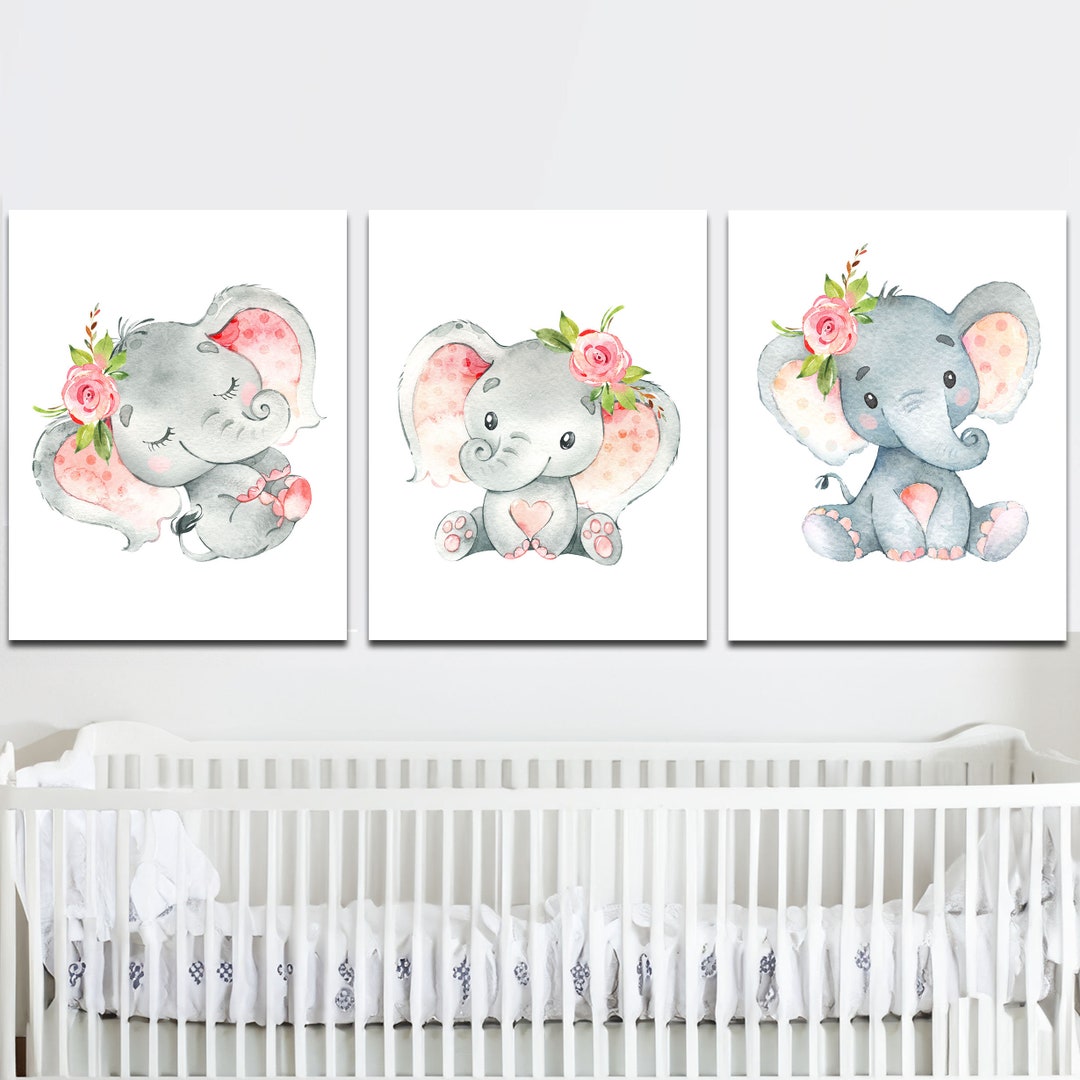 Baby Girl Nursery Art Decor Floral Elephant Wall Prints Poster Children ...
