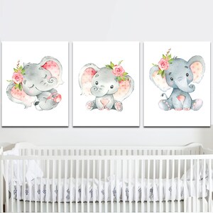 Baby Girl Nursery Art Decor Floral Elephant Wall Prints Poster Children Room set of 3 Kids decoration Toddler Canvas Digital