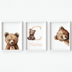 Stampa artistica da parete con orsetto di peluche, decorazione per cameretta dei bambini, set di 3 stampe personalizzate con nome, marrone neutro, poster digitale con animali, regalo per neonati