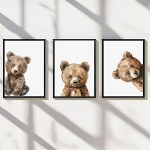 Poster stampabile con orsetto marrone, decorazione da parete per la cameretta del bambino, set di 3 immagini digitali per bambini, per bambini piccoli
