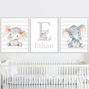 Carta Impresiones iniciales Nombre del elefante Decoración de la pared Bebé Niñas Vivero Arte Pequeño Dormitorio Niños Conjunto digital de 3 niños lienzo Rosa Gris imagen