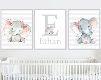 Letter Initial prints Elephant name Wall Decor Baby Girls Nursery Art Little Room Kids Bedroom Digital set of 3 children canvas Pink Gray