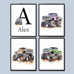 Stampe Monster Truck Decorazioni da parete per camerette per neonati Nome personalizzato Poster personalizzato per sala giochi per bambini Set di 4 immagini per bambini Piccolo digitale