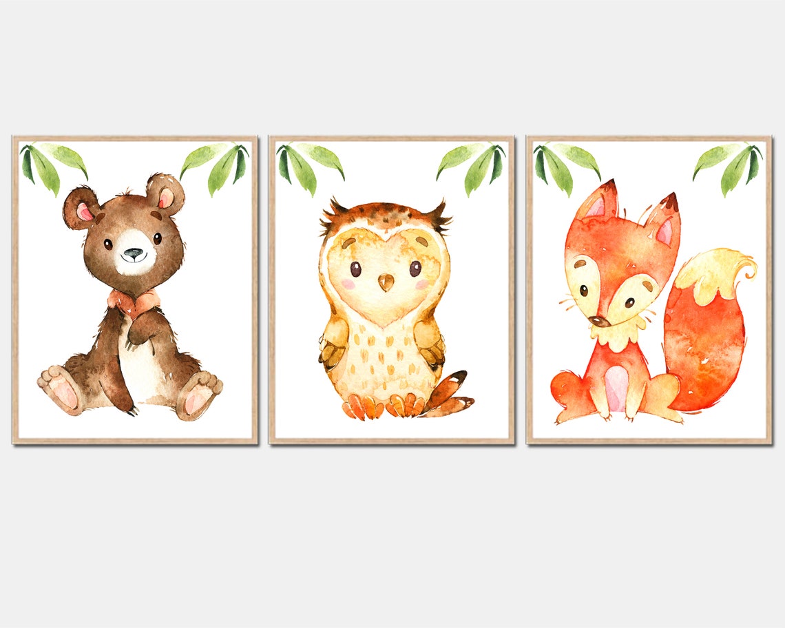 Woodland Baby Nursery Decor Forest Animal Wall Art Print Kids Etsy