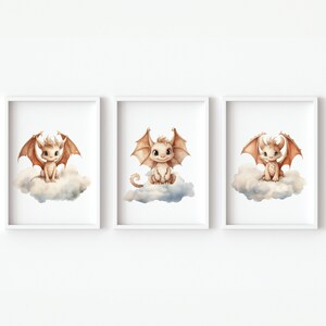 Poster di draghi neutri per bambini, cameretta dei bambini, decorazione da parete per bambina, arte per bambini, stampabile, set di 3 immagini per bambini, acquerello, digitale, fai da te, doccia
