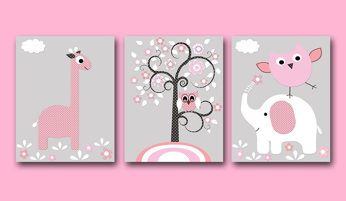 Elephant Giraffe Baby Girl Nursery art print Children Wall Etsy