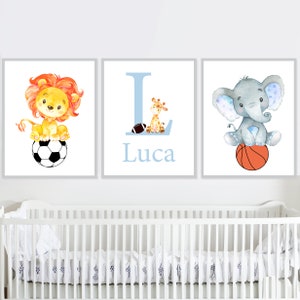 Stampe iniziali personalizzate del nome del bambino Decorazioni per la camera dei ragazzi Sport Arte della parete della scuola materna Set di calcio di 3 opere d'arte personalizzate stampabili digitali per bambini