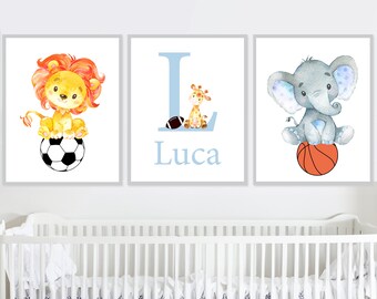 Custom Baby Name Initial Prints Boys Room Decor Sports Nursery Wall Art Football set of 3 Personalized Digital Printable kid toddler artwork