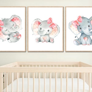 Girl Elephant Posters Baby Wall Decoration Nursery Art Prints Pictures set of 3 Kids room Printable digital Pink Gray image 4