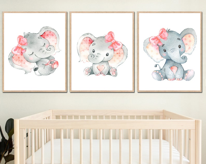 Girl Elephant Posters Baby Wall Decoration Nursery Art Prints Pictures set of 3 Kids room Printable digital Pink Gray image 4