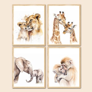 Zoo Safari Animal Babies Madre e bambino Arte stampabile Nursery Wall Decor set di 4 Giraffa Elefante Leone Scimmia mamma digitale foto fai da te