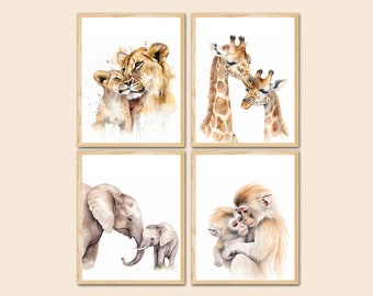 Zoo Safari Animals Babies Mother and Baby Art Print Nursery Wall Decor set of 4 Giraffe Elephant Lion Monkey digital Ai Generated