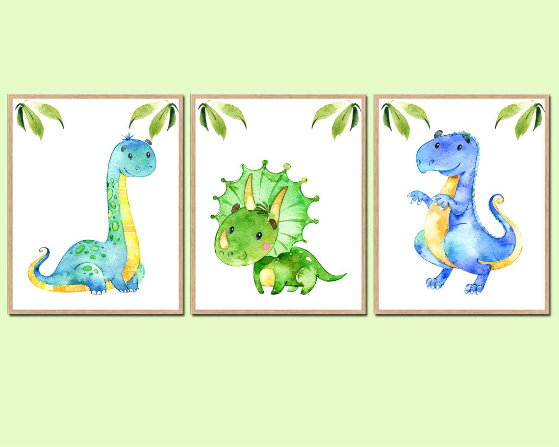 Dinosaur Wall Decor Watercolor Print Set of 3 Dinosaur Etsy