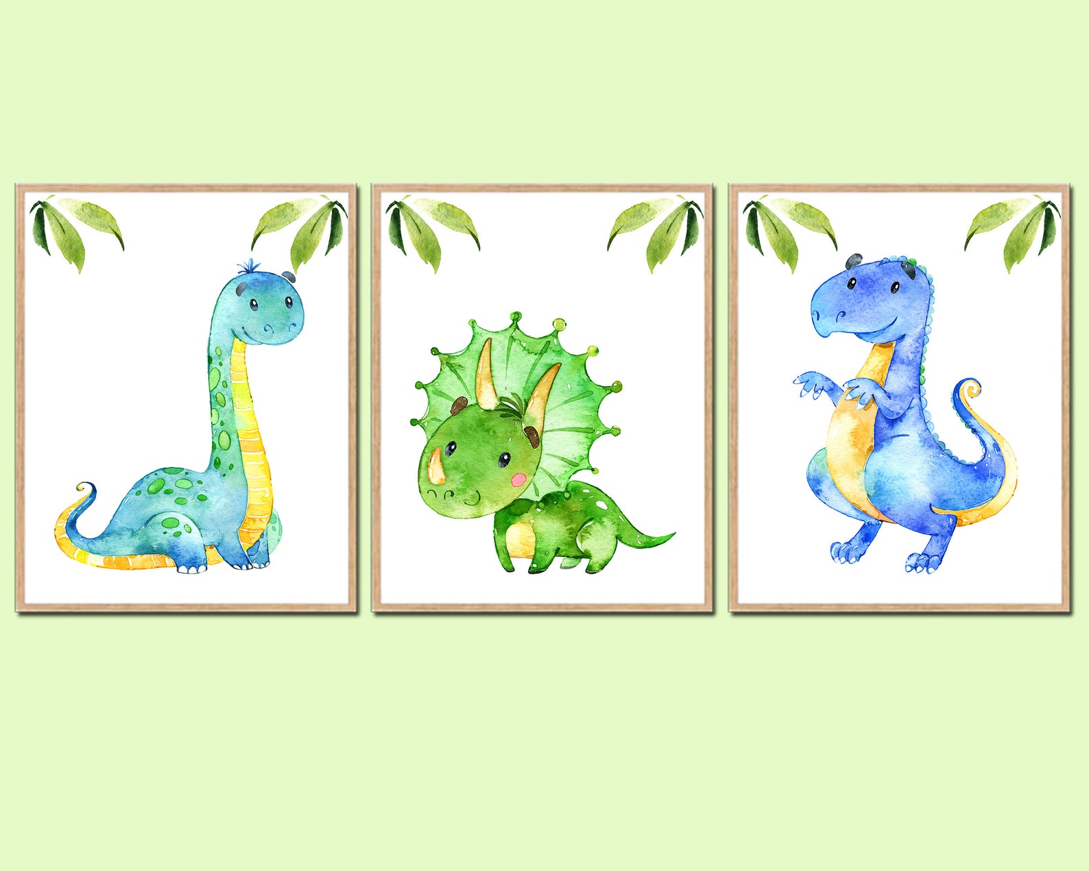 Dinosaur Wall Decor Watercolor Print Set of 3 Dinosaur Etsy