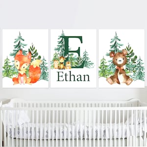 Animali del bosco Nome personalizzato Arte per la cameretta dei bambini Stampabile Decorazione murale della foresta Set di 3 tele digitali per la cameretta dei bambini, ragazza, ragazzo, volpe, orso