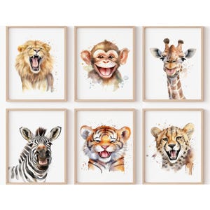 Animali del safari sorridenti, divertenti, felici, arte stampabile, decorazione da parete per la camera da letto del bambino, set di 6 scimmie, leone, giraffa, digitale, giocoso