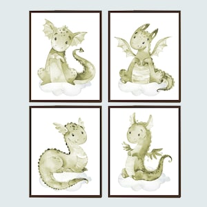 Decorazione murale per la cameretta dei bambini con drago, arte neutra per la camera da letto, stampabile, immagini per bambini, set di 4, genere, tela, verde oliva, poster digitali