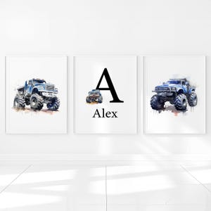 Stampe artistiche da parete per bambini Monster Truck Targa personalizzata con nome Decorazione per neonato Poster personalizzato per la camera da letto dei bambini Set di 3 immagini per bambini stampabili