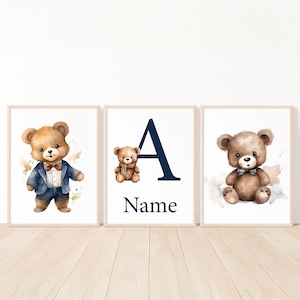 Oso bebé niño vivero pared decoración niños arte imprimible nombre personalizado dormitorio animales conjunto de 3 carteles para niños digital nuevo regalo de babyshower