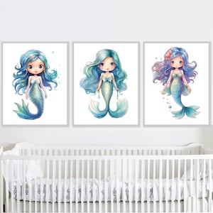 hermosa sirena imprime arte de la pared bebé niña vivero decoración para los niños dormitorio cartel conjunto de 3 digital imprimible regalo sala de juegos niño pequeño