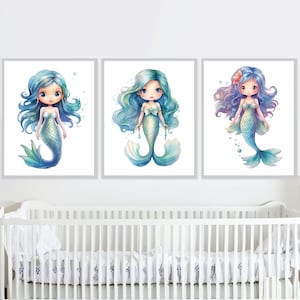 beautiful Mermaid Prints Wall Art Baby Girl Nursery Decor for Kids bedroom poster set of 3 Digital printable gift