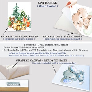 May include: A digital download of a watercolor illustration featuring a forest scene with animals. The image is available in JPEG format and can be printed on photo paper, sticker paper, or canvas.