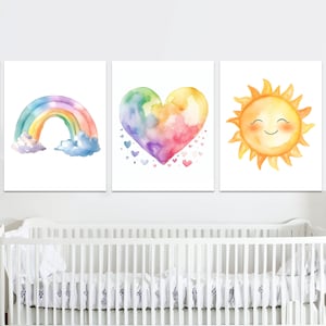 Decorazione per la cameretta dei bambini, arcobaleno, sole, cuore, camera da letto, set di 3 poster stampabili, immagini digitali per bambini, bambini piccoli