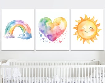 Baby Girl Nursery Decor Rainbow Sunshine Heart Boy Room Wall Art Print set of 3 Posters Children Kids ai Generated digital