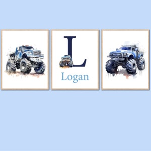 Monster Truck prints Personalized name Baby Boy nursery wall decor Custom Kids Bedroom poster art Set of 3 for child pictures